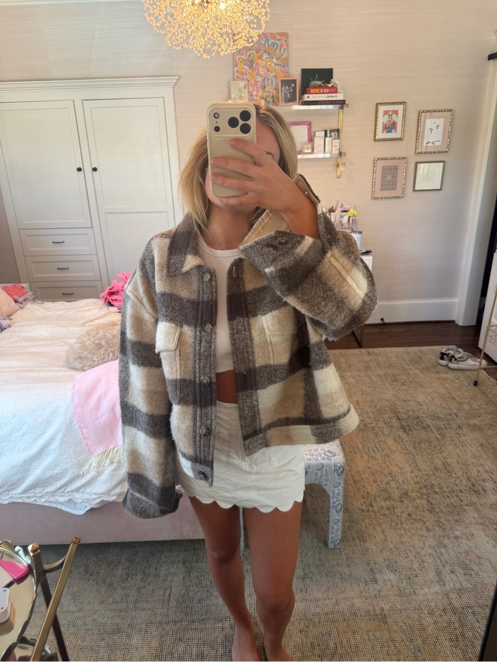 Aritzia Plaid Teddy Shacket in Cream & Brown